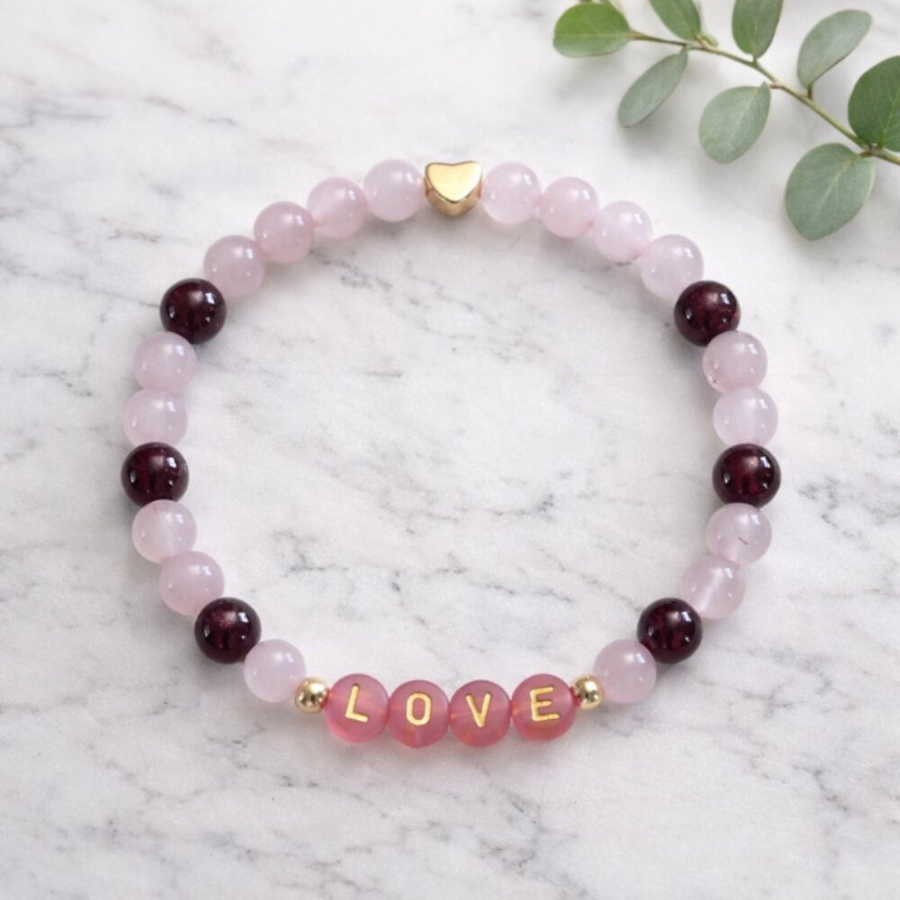 LOVE Gemstone Bracelet Rose Quartz Garnet 6mm Crystal Beads Jewelry Gift Ready